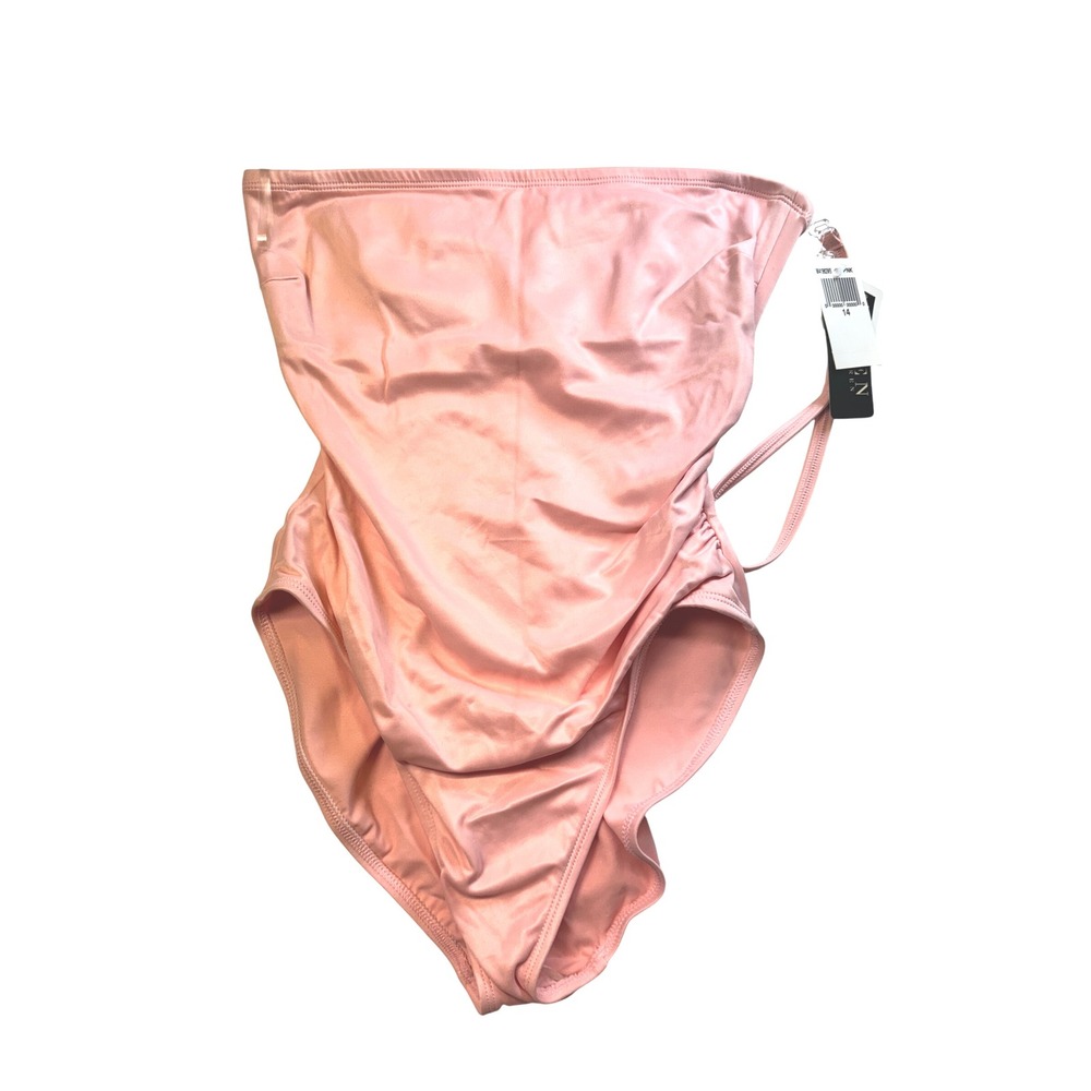 Lauren Ralph Swimsuit Ruched Tie Pink‎ One Piece Size 14 NWT Halter Strapless